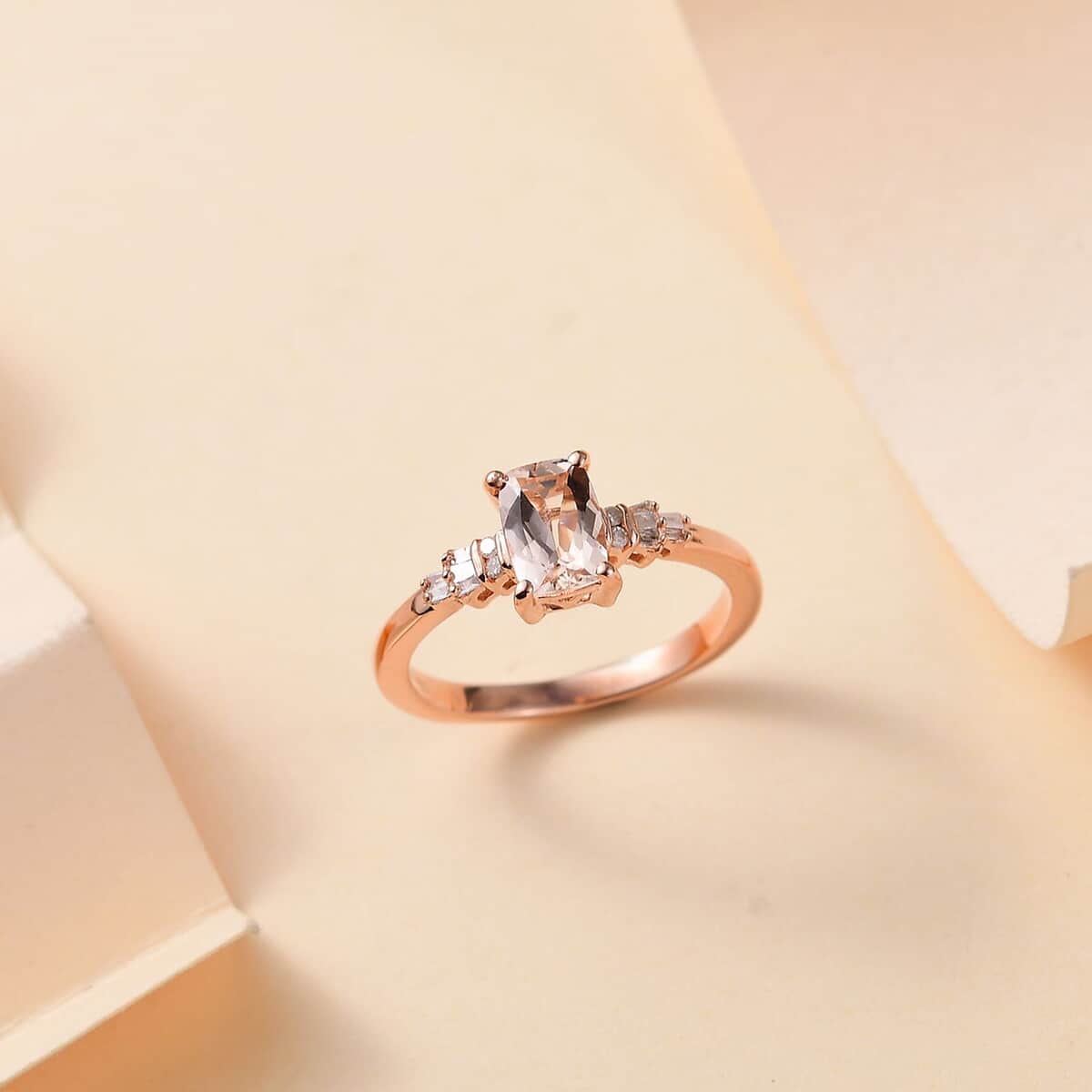 Premium Marropino Morganite, Diamond Ballerina Ring in 18K Vermeil RG Over Sterling Silver (Size 10.0) 0.90 ctw image number 1