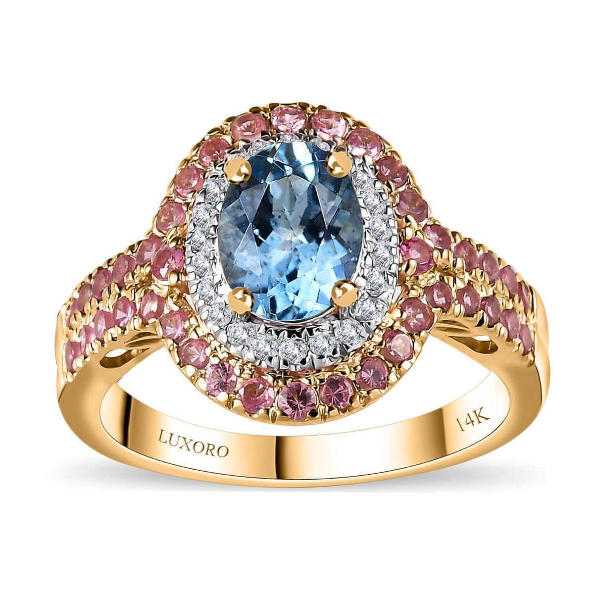 Certified & Appraised Luxoro 14K Yellow Gold AAA Santa Maria Aquamarine, Mahenge Spinel, Diamond (I2) Double Halo Ring (Size 6.0) (5.05 g) 2.05 ctw image number 0