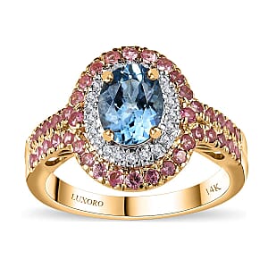 Certified & Appraised Luxoro AAA Santa Maria Aquamarine, Mahenge Spinel and I2 Diamond 2.05 ctw Double Halo Ring in 14K Yellow Gold (Size 6.0) 5.05 Grams