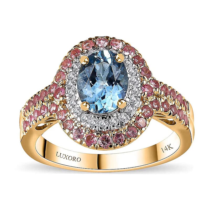 Certified & Appraised Luxoro AAA Santa Maria Aquamarine, Mahenge Spinel and I2 Diamond 2.05 ctw Double Halo Ring in 14K Yellow Gold (Size 6.0) 5.05 Grams