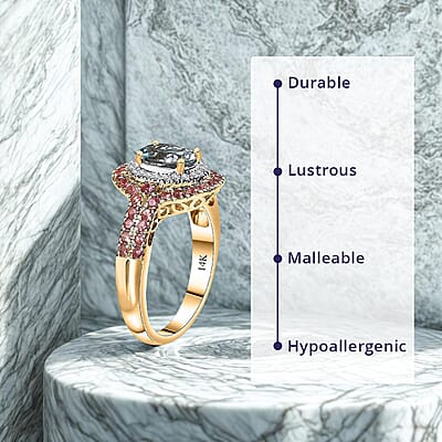 Certified & Appraised Luxoro AAA Santa Maria Aquamarine, Mahenge Spinel and I2 Diamond 2.05 ctw Double Halo Ring in 14K Yellow Gold (Size 6.0) 5.05 Grams