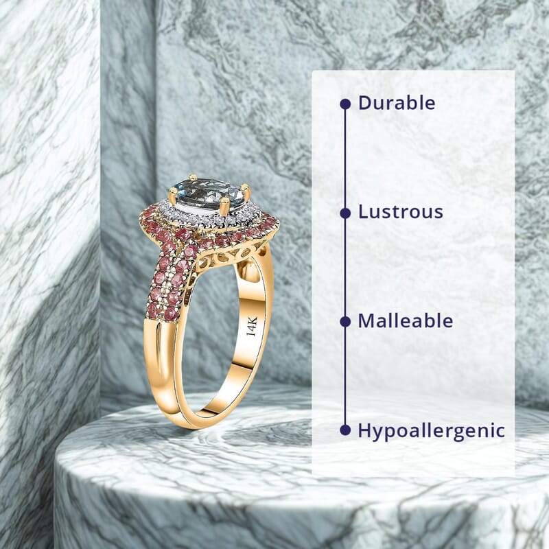 Certified & Appraised Luxoro AAA Santa Maria Aquamarine, Mahenge Spinel and I2 Diamond 2.05 ctw Double Halo Ring in 14K Yellow Gold (Size 6.0) 5.05 Grams