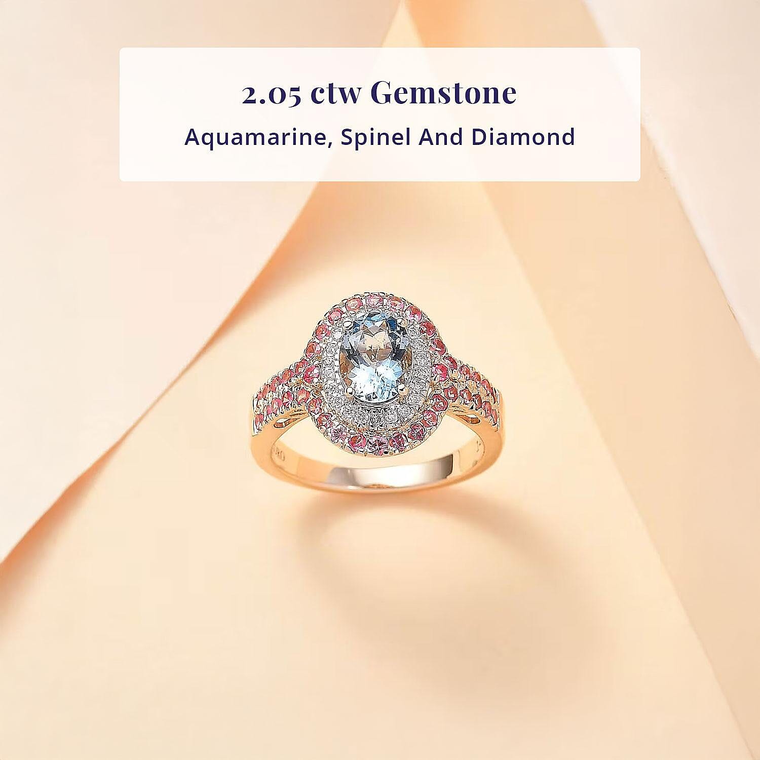 Certified & Appraised Luxoro AAA Santa Maria Aquamarine, Mahenge Spinel and I2 Diamond 2.05 ctw Double Halo Ring in 14K Yellow Gold (Size 6.0) 5.05 Grams