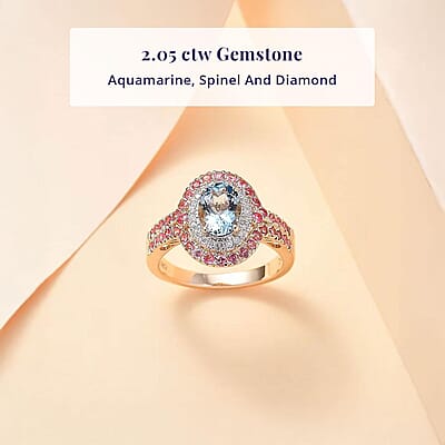 Certified & Appraised Luxoro AAA Santa Maria Aquamarine, Mahenge Spinel and I2 Diamond 2.05 ctw Double Halo Ring in 14K Yellow Gold (Size 6.0) 5.05 Grams