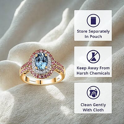 Certified & Appraised Luxoro AAA Santa Maria Aquamarine, Mahenge Spinel and I2 Diamond 2.05 ctw Double Halo Ring in 14K Yellow Gold (Size 6.0) 5.05 Grams