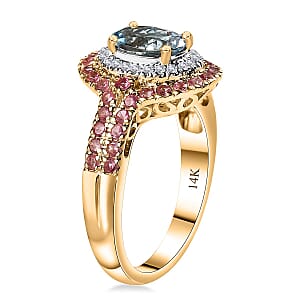 Certified & Appraised Luxoro AAA Santa Maria Aquamarine, Mahenge Spinel and I2 Diamond 2.05 ctw Double Halo Ring in 14K Yellow Gold (Size 8.0) 5.05 Grams