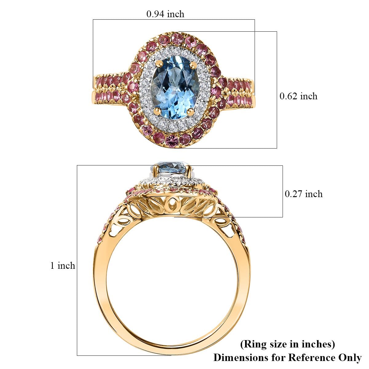 Certified & Appraised Luxoro AAA Santa Maria Aquamarine, Mahenge Spinel and I2 Diamond 2.05 ctw Double Halo Ring in 14K Yellow Gold (Size 8.0) 5.05 Grams image number 5