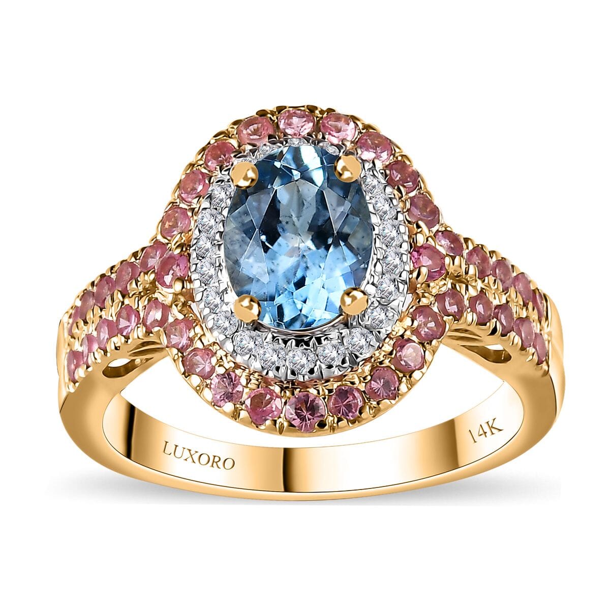 Certified & Appraised Luxoro AAA Santa Maria Aquamarine, Mahenge Spinel and I2 Diamond 2.05 ctw Double Halo Ring in 14K Yellow Gold (Size 9.0) 5.05 Grams image number 0