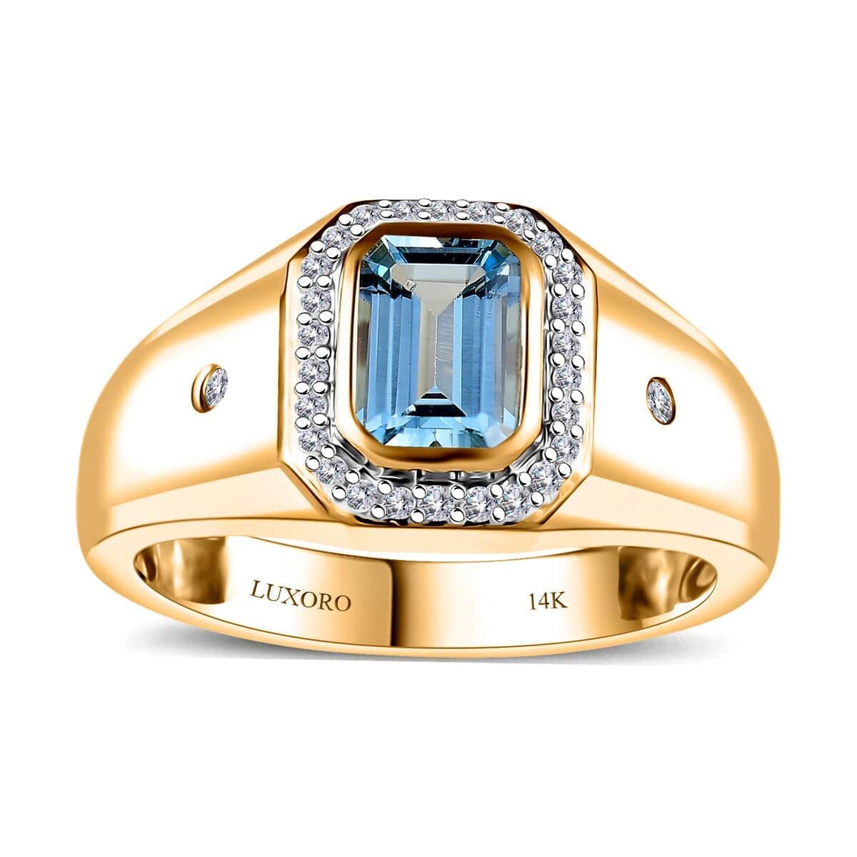 Certified & Appraised Luxoro AAA Santa Maria Aquamarine and I2 Diamond 1.10 ctw Men's Ring in 14K Yellow Gold (Size 10.0) 6.10 Grams image number 0