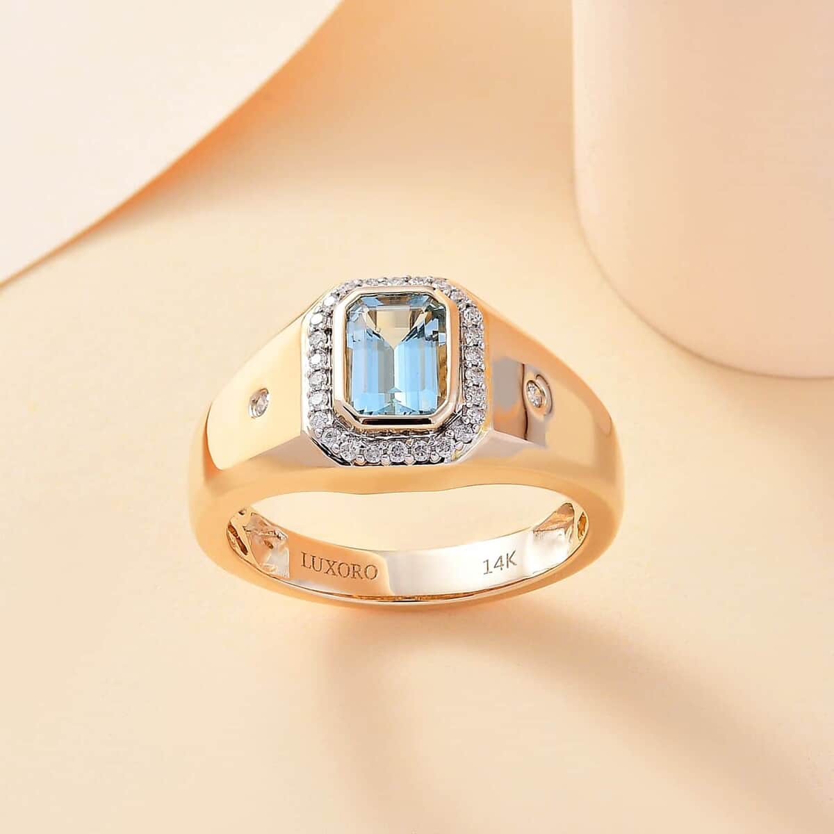 Certified & Appraised Luxoro AAA Santa Maria Aquamarine and I2 Diamond 1.10 ctw Men's Ring in 14K Yellow Gold (Size 10.0) 6.10 Grams image number 1