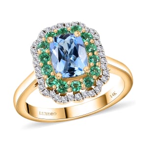 Certified & Appraised Luxoro AAA Santa Maria Aquamarine, Boyaca Colombian Emerald and I2 Diamond 1.95 ctw Ring in 14K Yellow Gold (Size 6.0) 