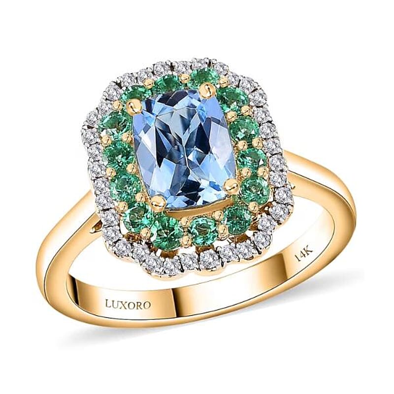 Certified & Appraised Luxoro AAA Santa Maria Aquamarine, Boyaca Colombian Emerald and I2 Diamond 1.95 ctw Ring in 14K Yellow Gold (Size 6.0) 