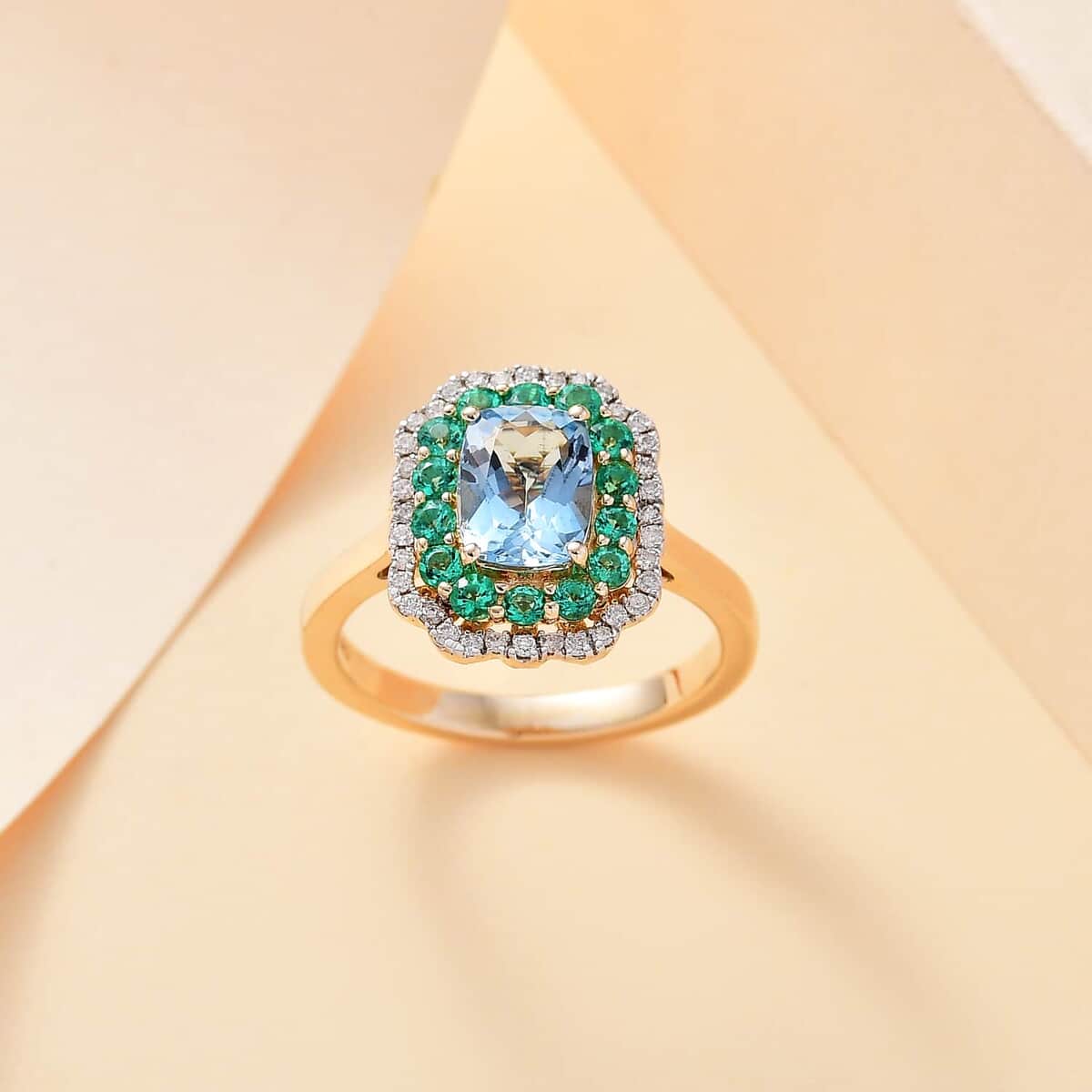 Certified & Appraised Luxoro 14K Yellow Gold AAA Santa Maria Aquamarine, Boyaca Colombian Emerald, Diamond (I2) (0.27 cts) Ring (Size 6.0) 1.95 ctw image number 1