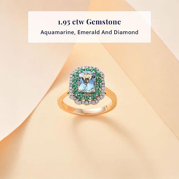 Certified & Appraised Luxoro AAA Santa Maria Aquamarine, Boyaca Colombian Emerald and I2 Diamond 1.95 ctw Ring in 14K Yellow Gold (Size 6.0) 