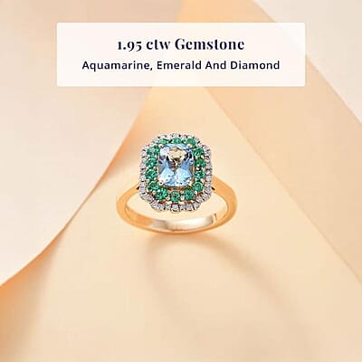 Certified & Appraised Luxoro AAA Santa Maria Aquamarine, Boyaca Colombian Emerald and I2 Diamond 1.95 ctw Ring in 14K Yellow Gold (Size 6.0) 