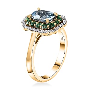 Certified & Appraised Luxoro AAA Santa Maria Aquamarine, Boyaca Colombian Emerald and I2 Diamond 1.95 ctw Ring in 14K Yellow Gold (Size 7.0) 