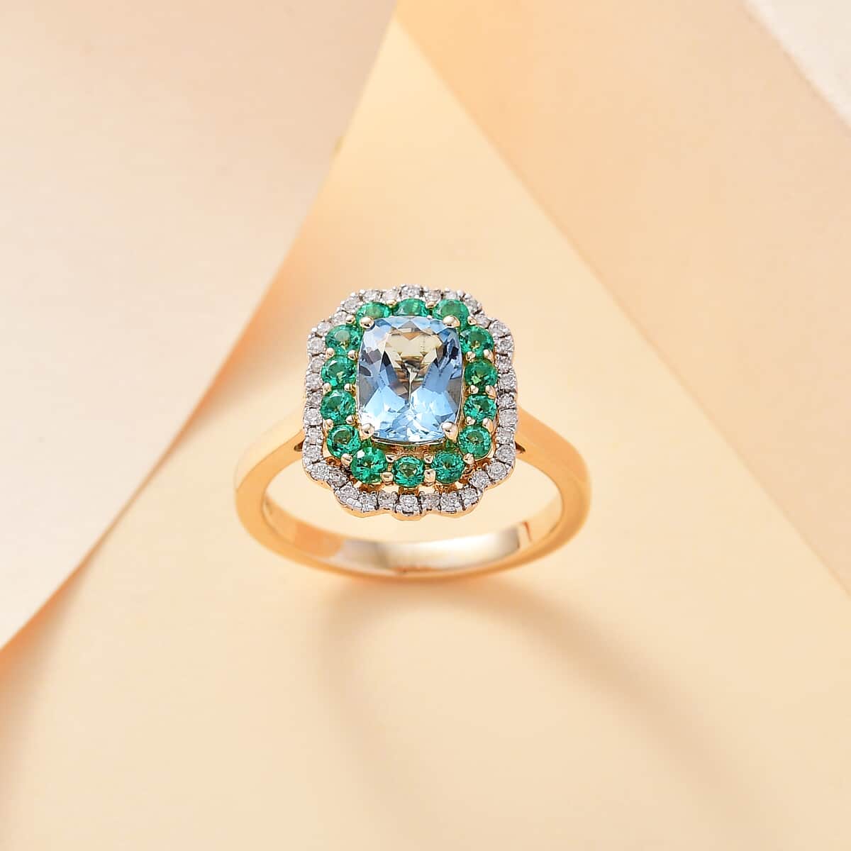 Certified & Appraised Luxoro AAA Santa Maria Aquamarine, Boyaca Colombian Emerald and I2 Diamond 1.95 ctw Ring in 14K Yellow Gold (Size 9.0)  image number 1