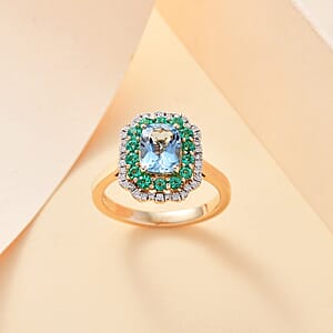 Certified & Appraised Luxoro AAA Santa Maria Aquamarine, Boyaca Colombian Emerald and I2 Diamond 1.95 ctw Ring in 14K Yellow Gold (Size 9.0) 
