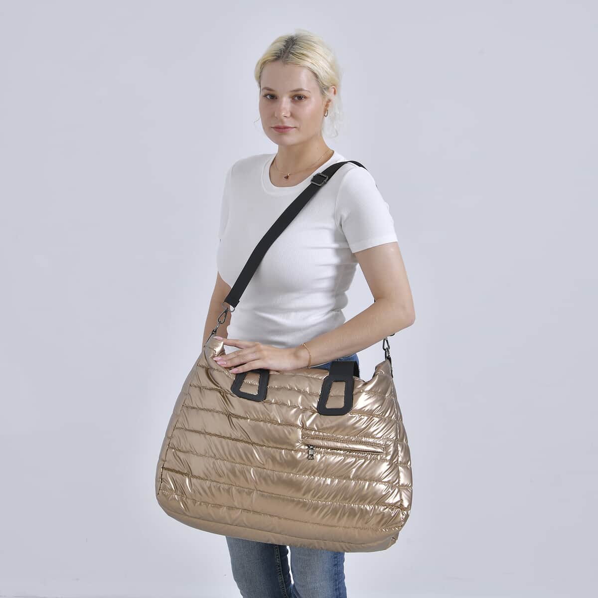 Golden Puffer Quilted Tote Bag with Handle Drop image number 1