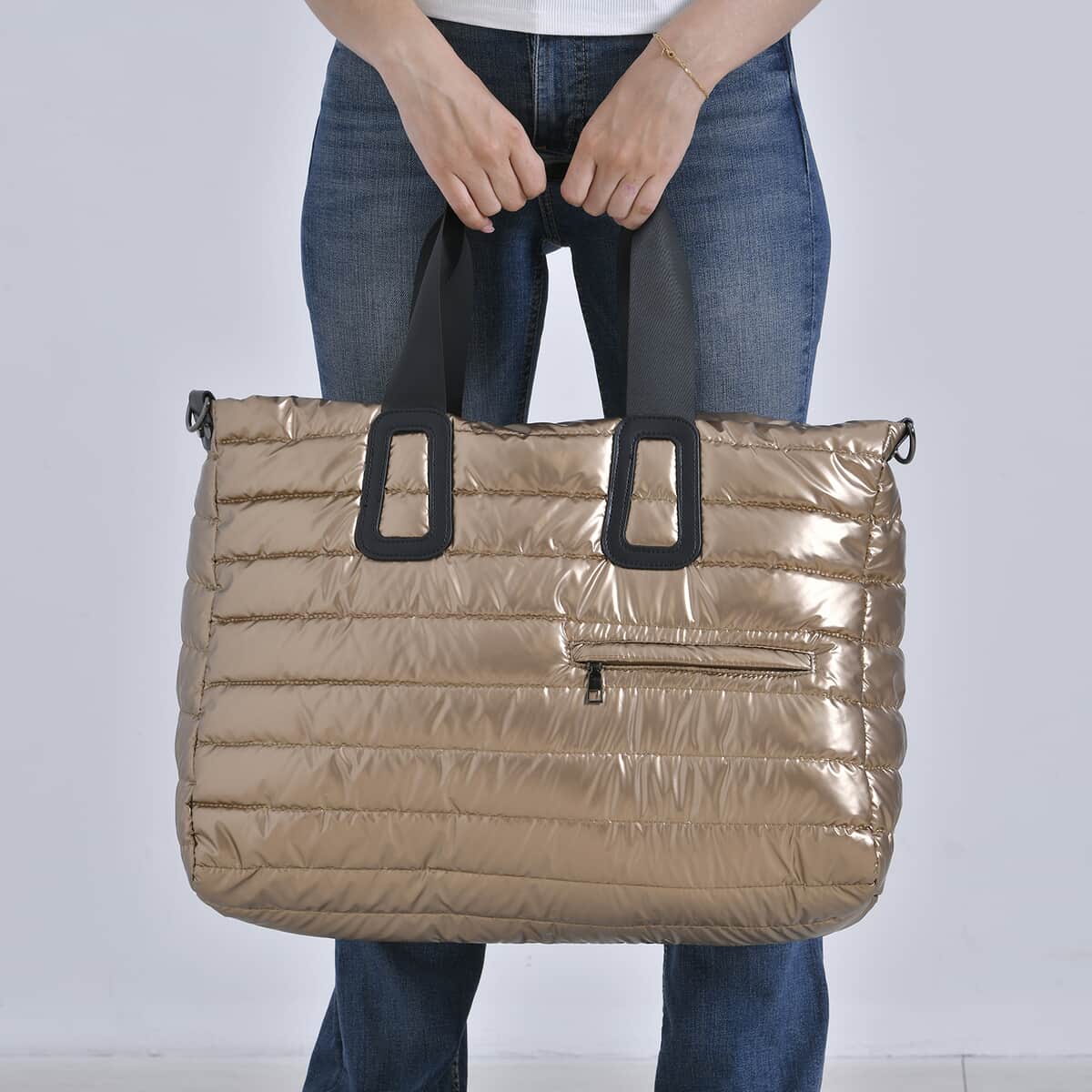 Golden Puffer Quilted Tote Bag with Handle Drop image number 2