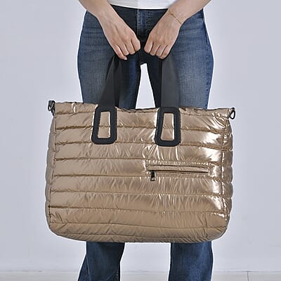 Golden Puffer Quilted Tote Bag with Handle Drop