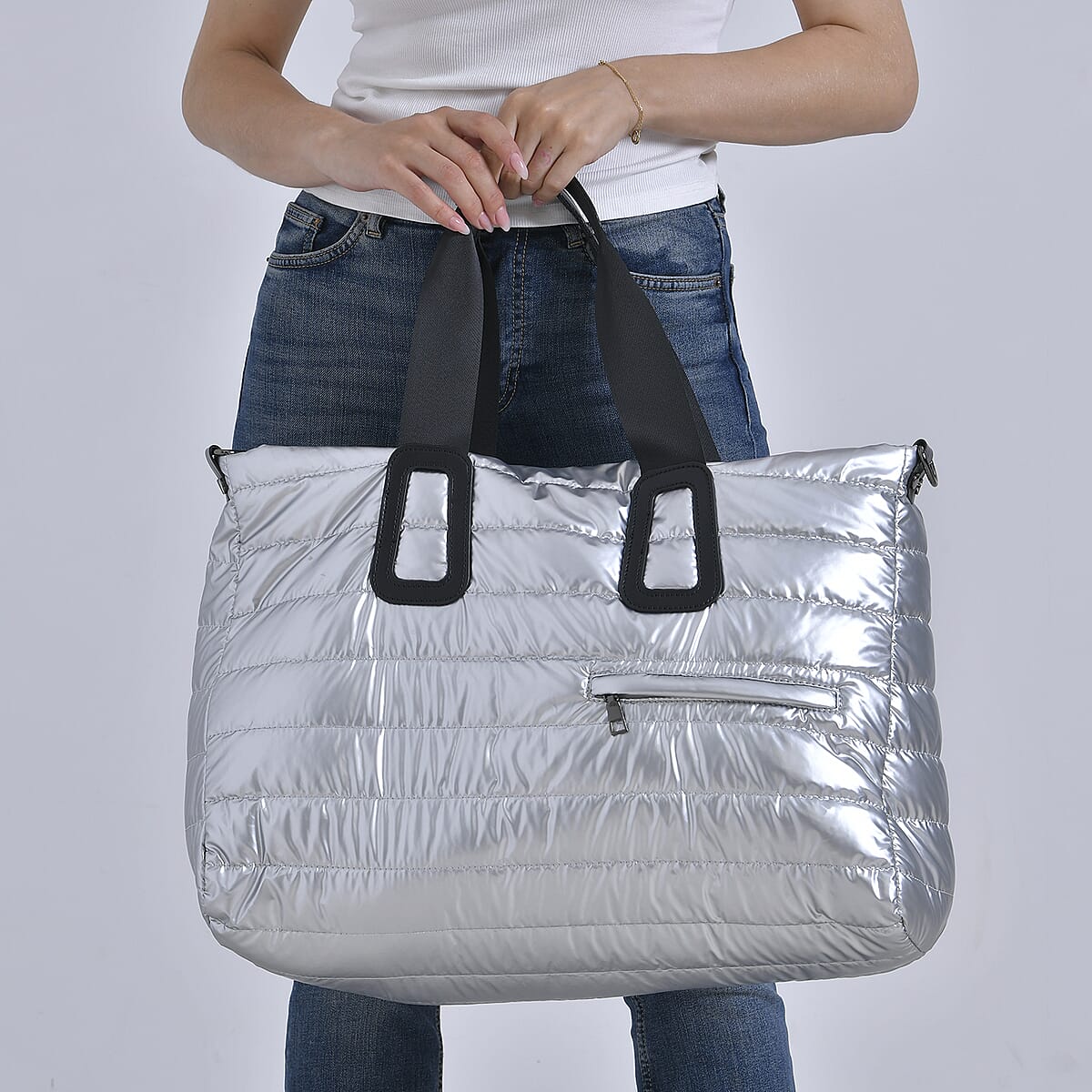 Silver Puffer Quilted Tote Bag with Handle Drop image number 2