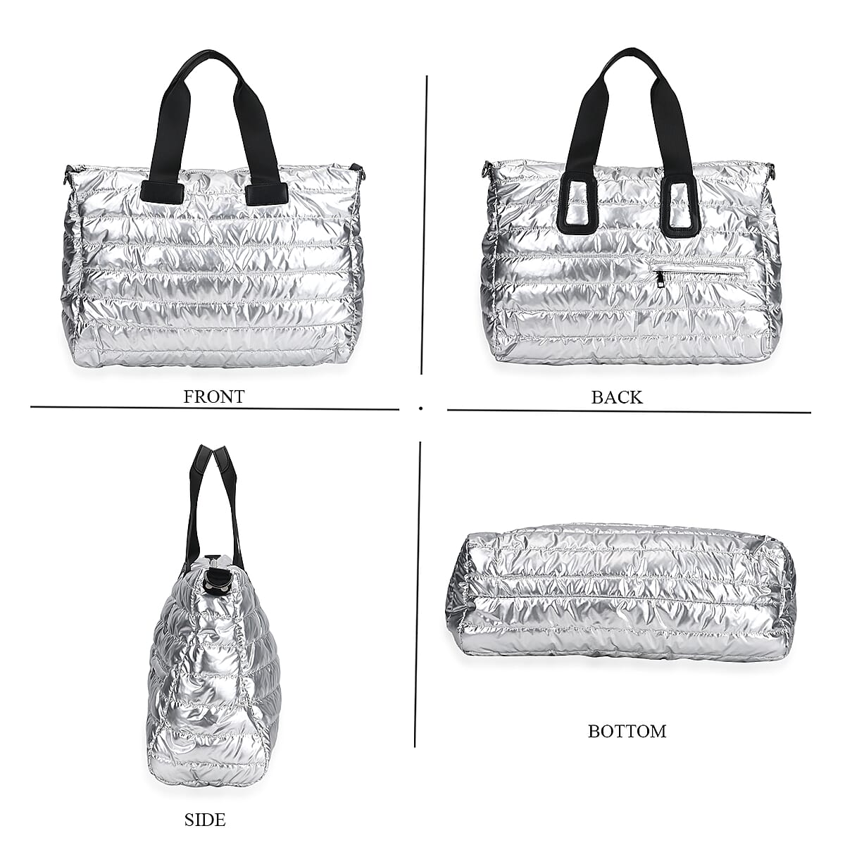 Silver Puffer Quilted Tote Bag with Handle Drop image number 3