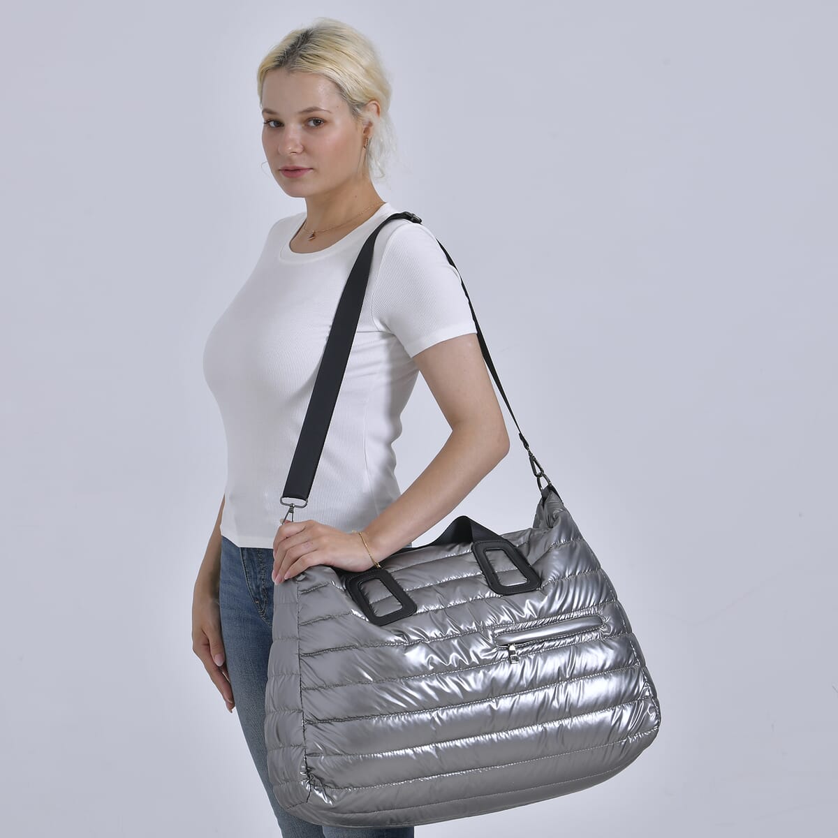 Gray Puffer Quilted Tote Bag with Handle Drop image number 1