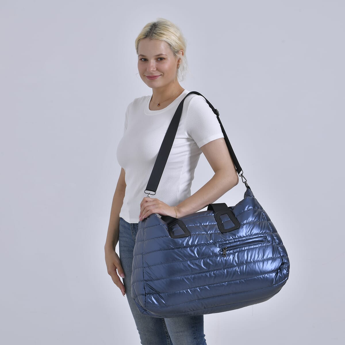 Deep Blue Puffer Quilted Tote Bag with Handle Drop image number 1