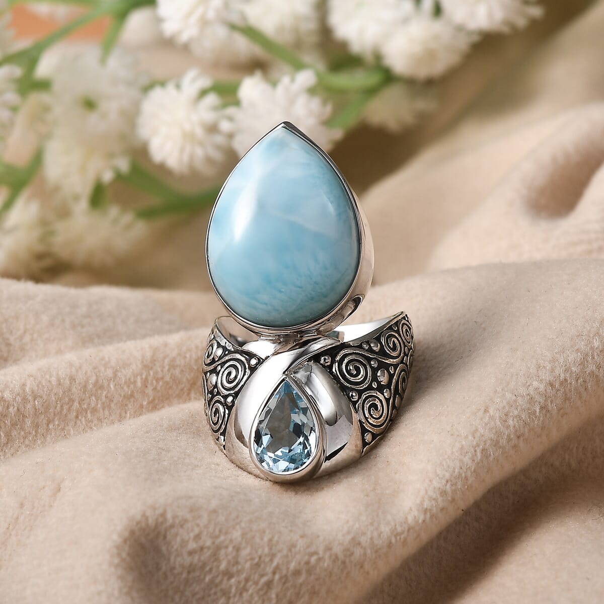 Sajen Silver Larimar, Sky Blue Topaz Ring in Rhodium Over Sterling Silver (Size 10.0) 12.10 ctw image number 1