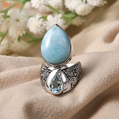 Sajen Silver Larimar and Sky Blue Topaz 12.10 ctw Ring in Rhodium Over Sterling Silver (Size 10.0)