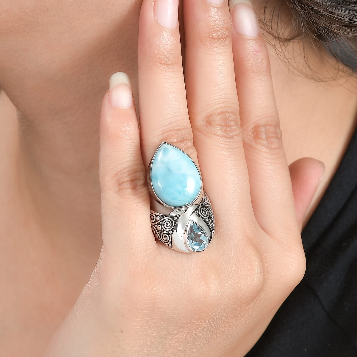 Sajen Silver Larimar, Sky Blue Topaz Ring in Rhodium Over Sterling Silver (Size 10.0) 12.10 ctw image number 2
