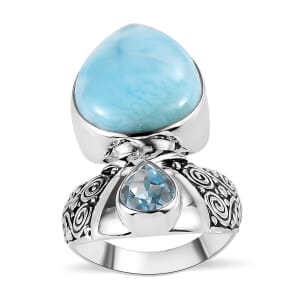Sajen Silver Larimar and Sky Blue Topaz 12.10 ctw Ring in Rhodium Over Sterling Silver (Size 6.0)