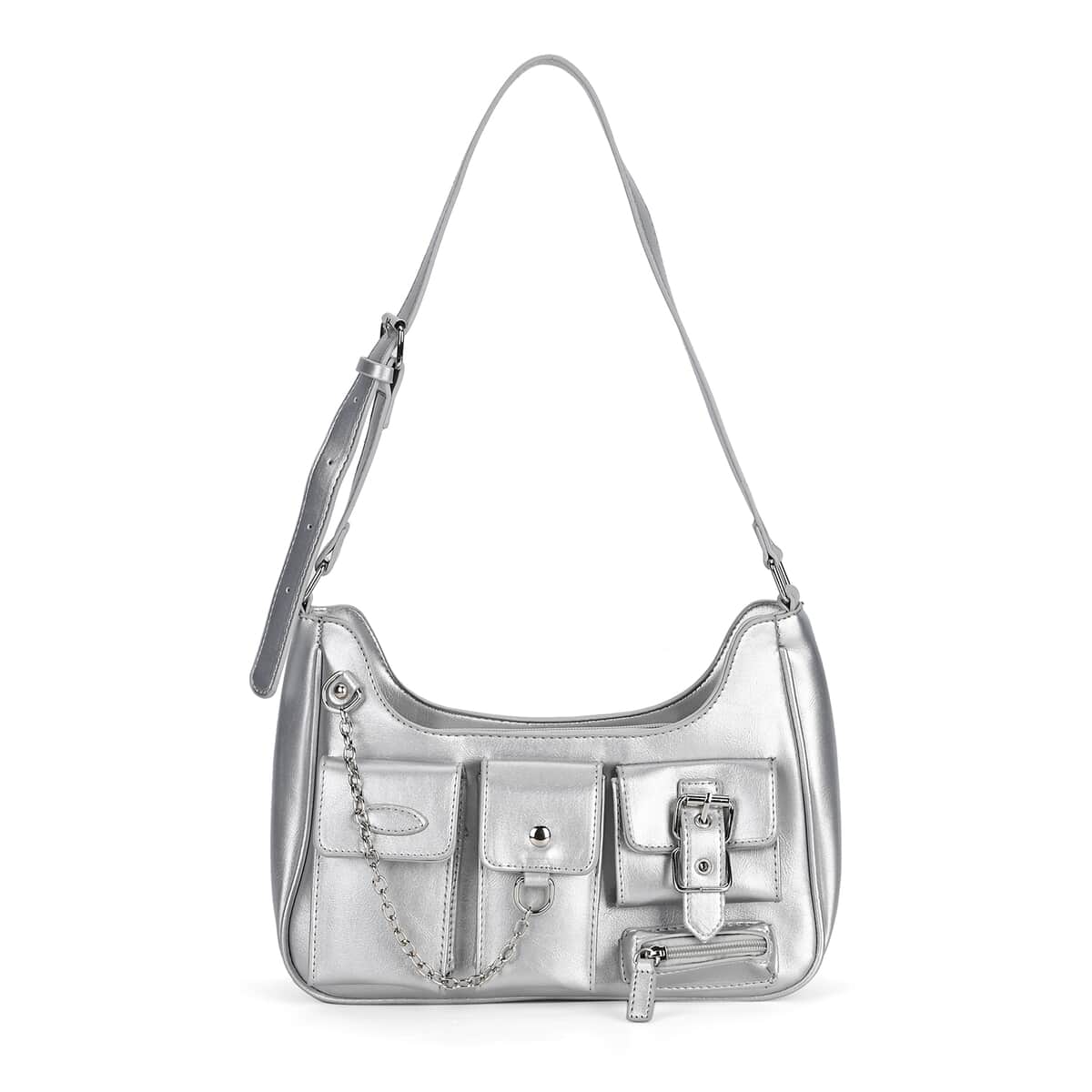 Silver Multi-Pocket Faux Leather Crossbody Bag with Adjustable Shoulder Strap image number 0