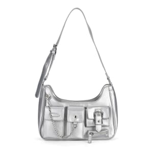 Silver Multi-Pocket Faux Leather Crossbody Bag with Adjustable Shoulder Strap