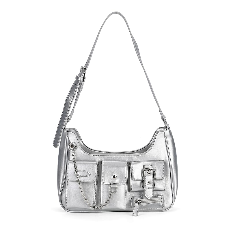 Silver Multi-Pocket Faux Leather Crossbody Bag with Adjustable Shoulder Strap