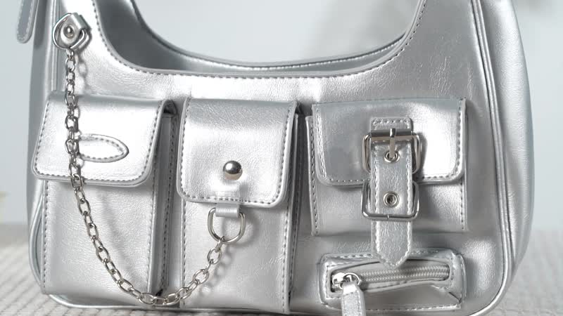 Silver Multi-Pocket Faux Leather Crossbody Bag (11.8"x2.76"x8.7") with Adjustable Shoulder Strap