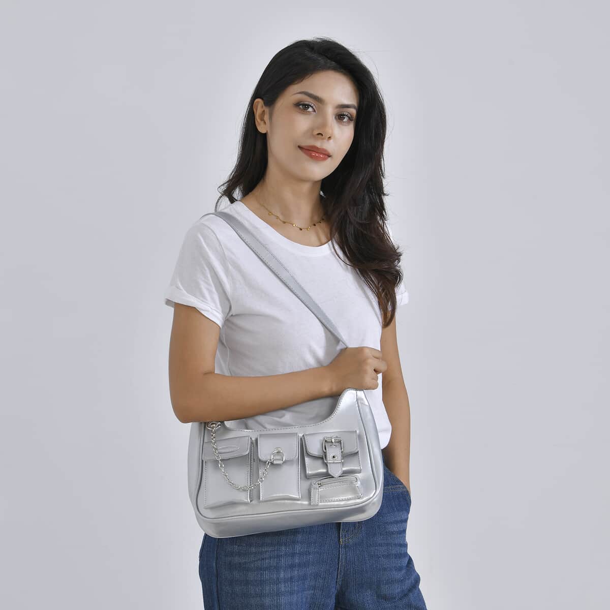 Silver Multi-Pocket Faux Leather Crossbody Bag with Adjustable Shoulder Strap image number 1