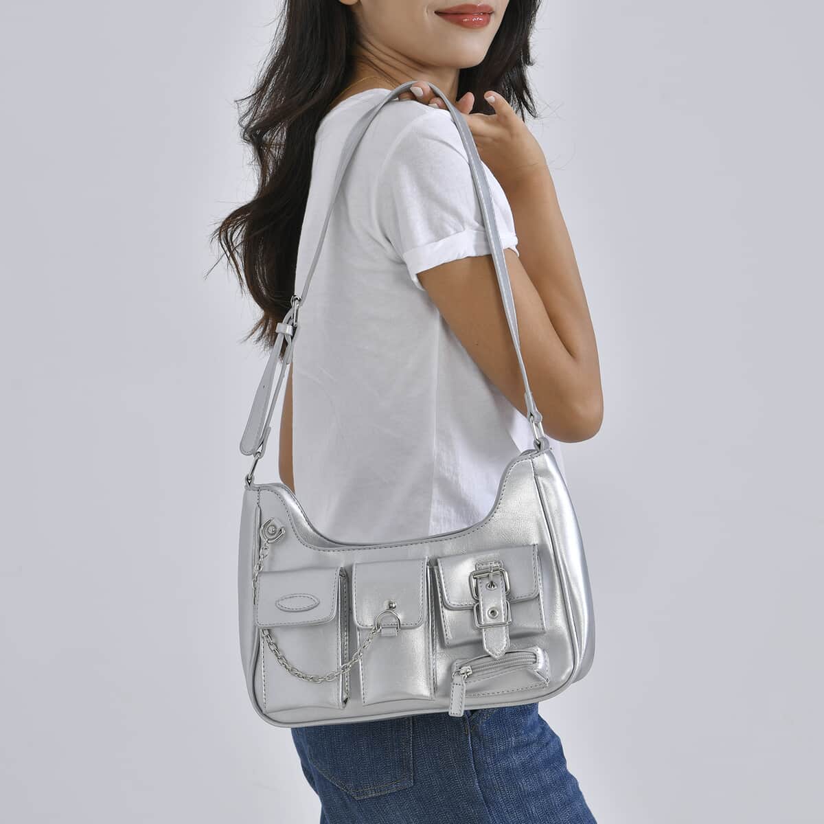 Silver Multi-Pocket Faux Leather Crossbody Bag with Adjustable Shoulder Strap image number 2