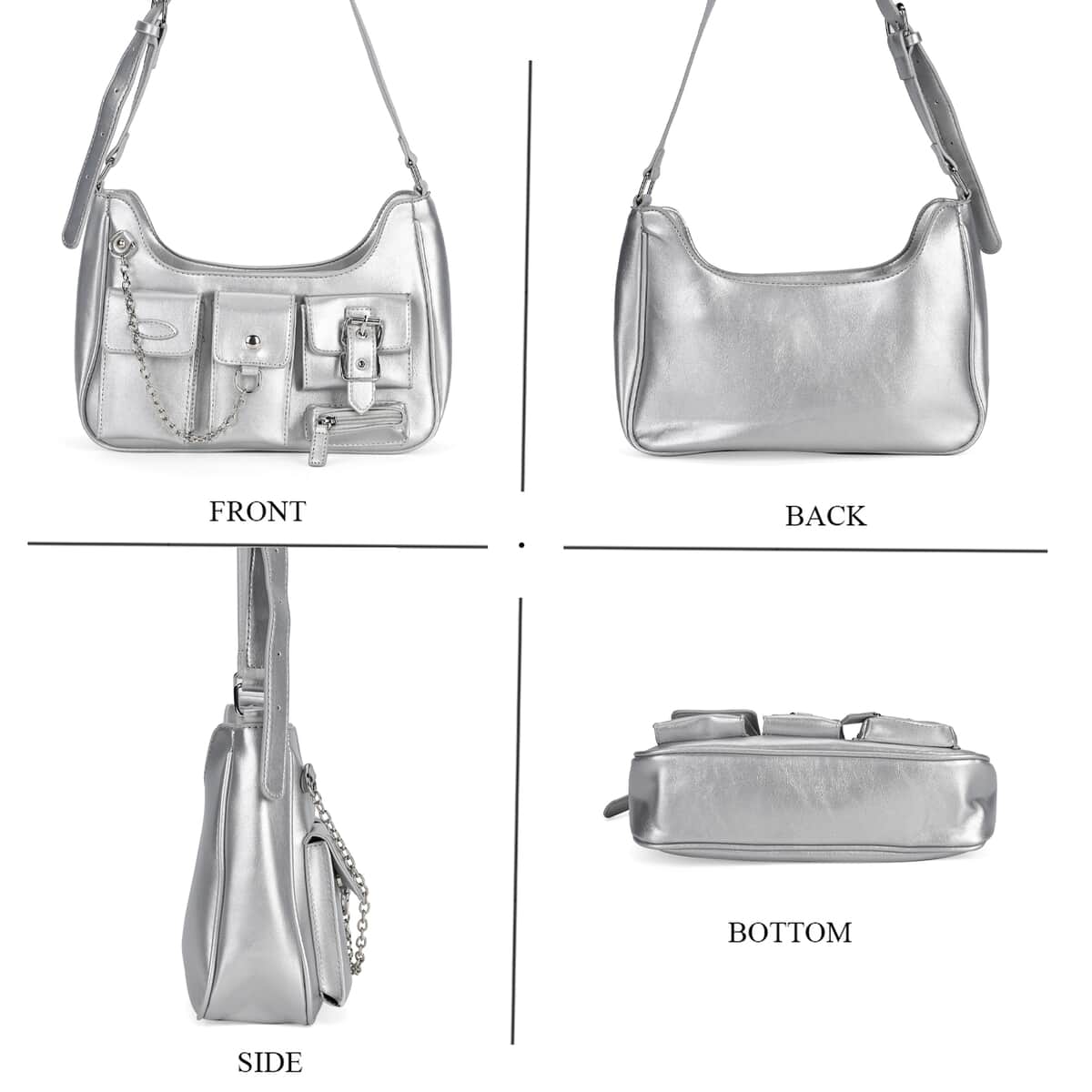 Silver Multi-Pocket Faux Leather Crossbody Bag with Adjustable Shoulder Strap image number 3