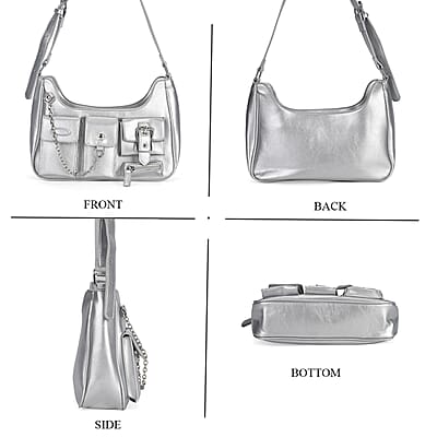 Silver Multi-Pocket Faux Leather Crossbody Bag with Adjustable Shoulder Strap