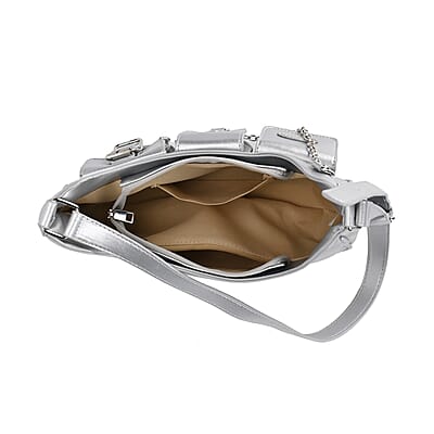 Silver Multi-Pocket Faux Leather Crossbody Bag with Adjustable Shoulder Strap