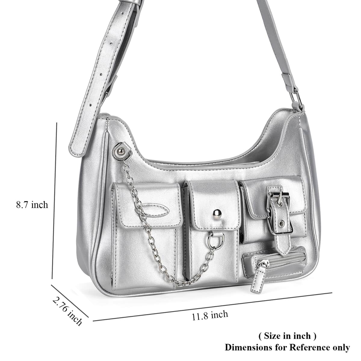 Silver Multi-Pocket Faux Leather Crossbody Bag with Adjustable Shoulder Strap image number 6