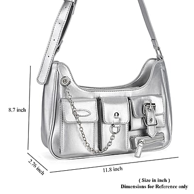 Silver Multi-Pocket Faux Leather Crossbody Bag with Adjustable Shoulder Strap