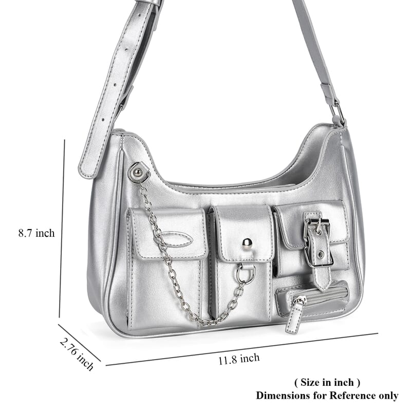 Silver Multi-Pocket Faux Leather Crossbody Bag with Adjustable Shoulder Strap