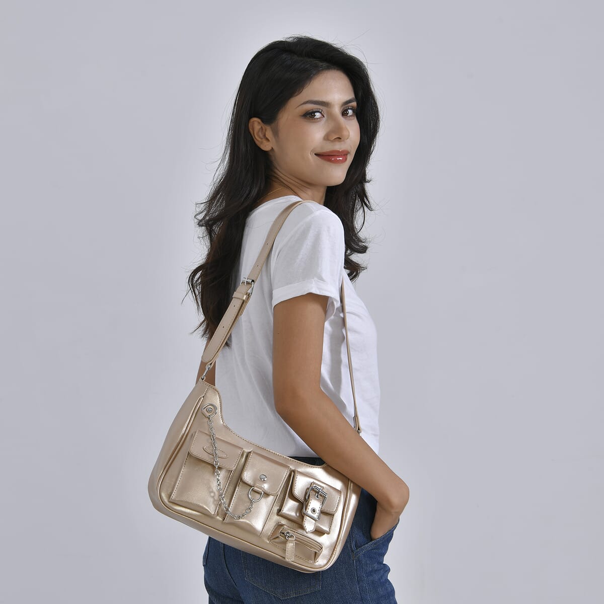 Golden Multi-Pocket Faux Leather Crossbody Bag with Adjustable Shoulder Strap image number 1