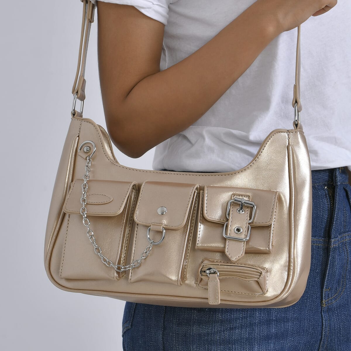 Golden Multi-Pocket Faux Leather Crossbody Bag with Adjustable Shoulder Strap image number 2