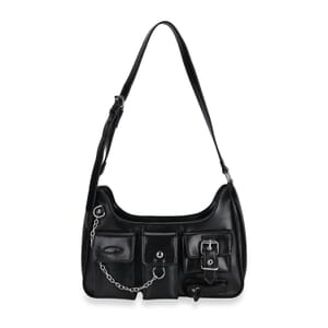 Black Multi-Pocket Faux Leather Crossbody Bag with Adjustable Shoulder Strap
