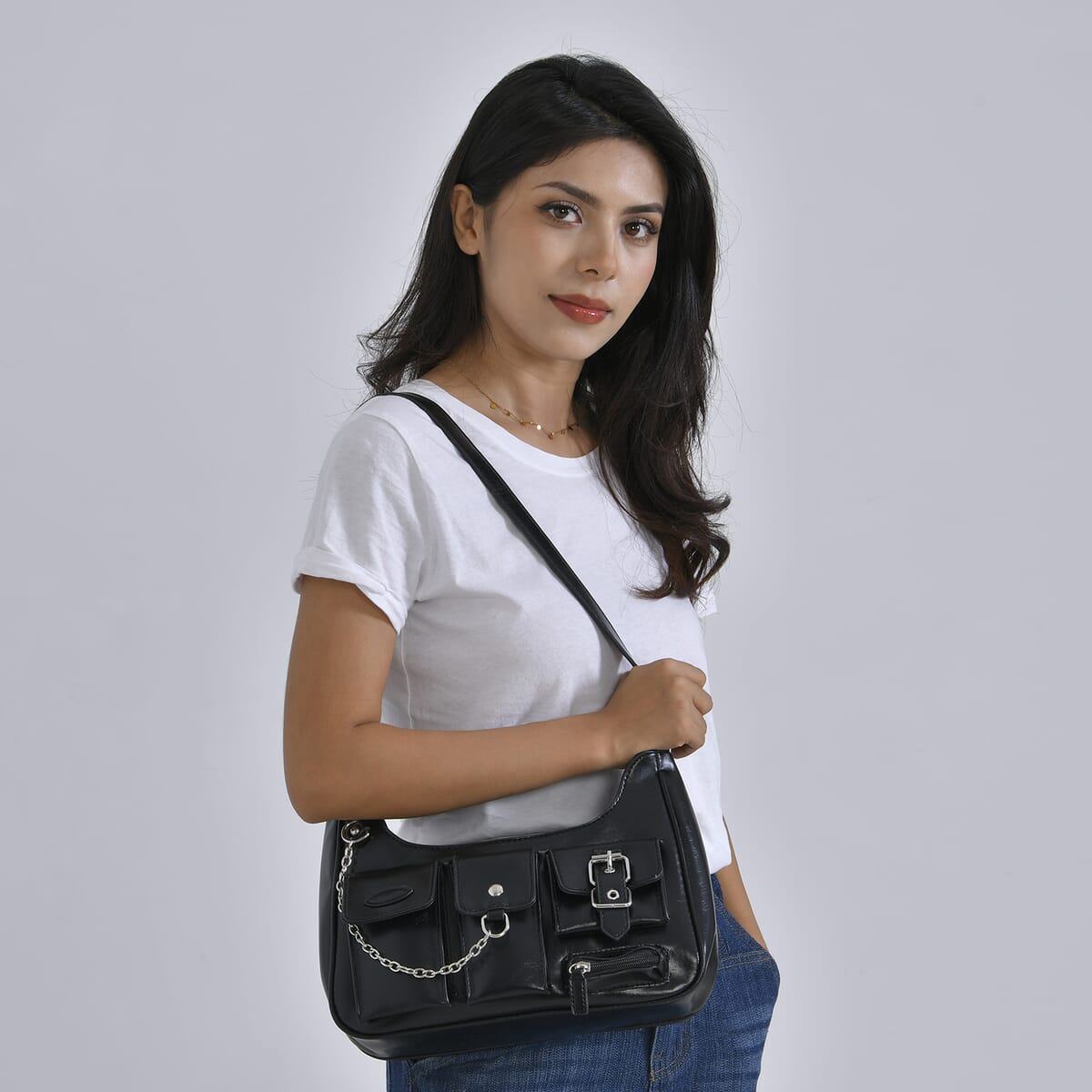 Black Multi-Pocket Faux Leather Crossbody Bag with Adjustable Shoulder Strap image number 1