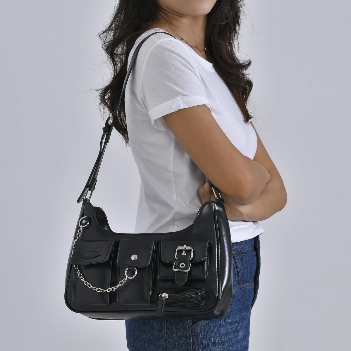 Black Multi-Pocket Faux Leather Crossbody Bag with Adjustable Shoulder Strap image number 2